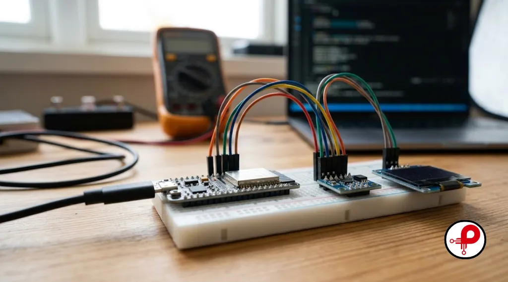 hardware proof of concept — ESP32 dev board on breadboard with sensor wires