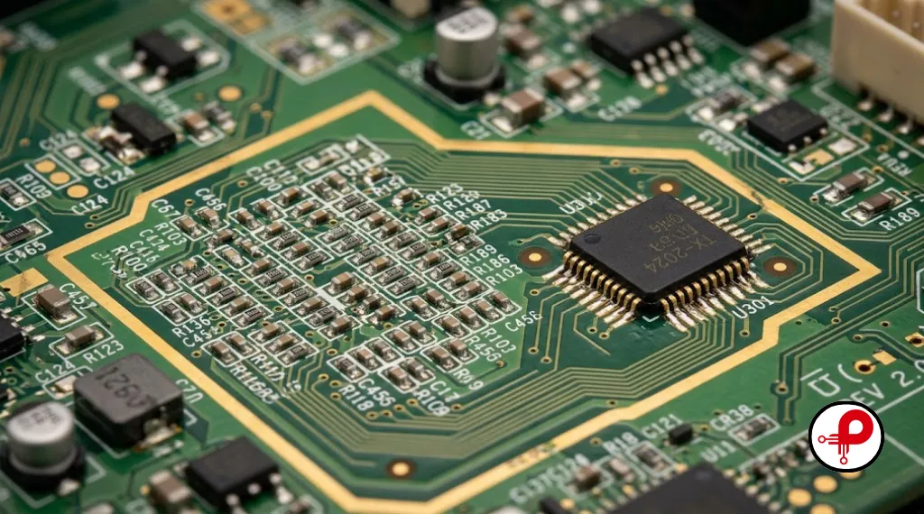 Hyper-realistic macro close-up of a DFM-optimized SMT PCB assembly with precision component placement reflecting the most competitive PCB design trends driving electronics manufacturing efficiency in 2026