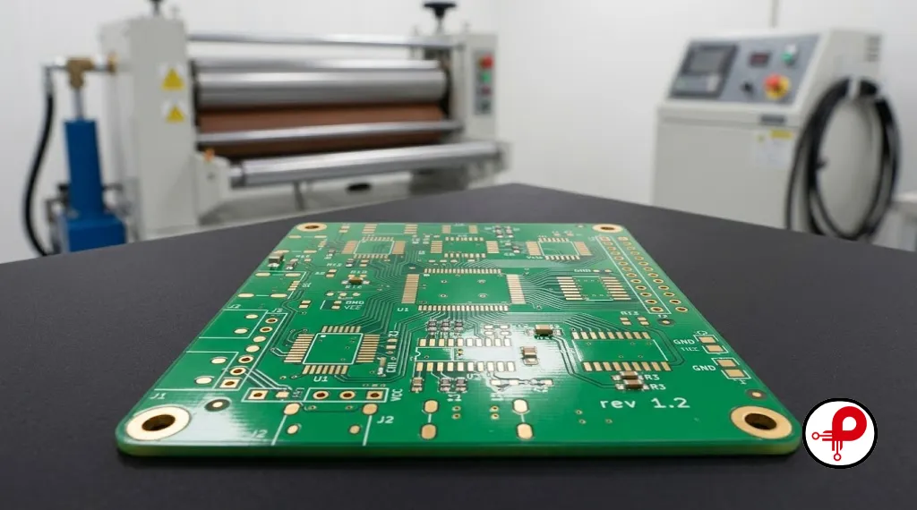 Freshly etched multilayer circuit board under bright cleanroom lighting showing copper trace patterns and green solder mask

