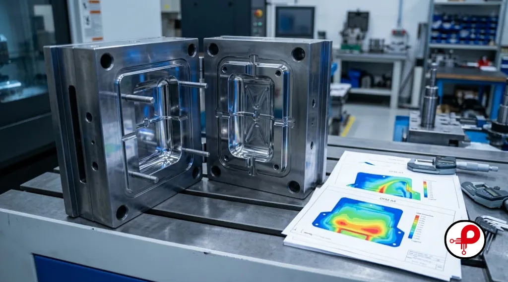 Close-up of a steel injection mold tool opened on a grey machine bed with polished cavity surfaces, ejector pins, and runner channels visible, beside DFM analysis heatmap sheets — representing DFM optimization in industrial product design engineering