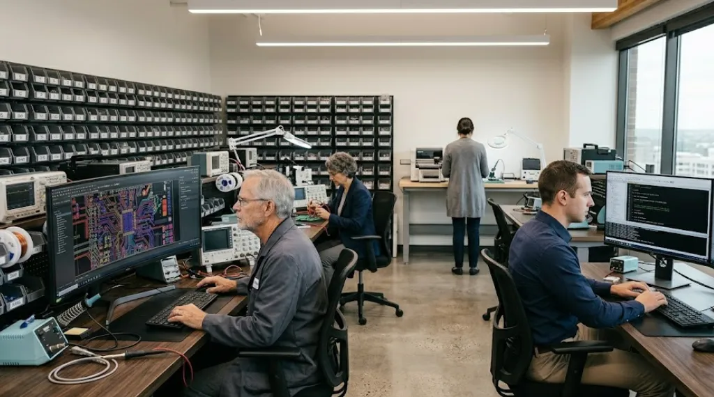 Engineers at workstations in a full service electronic product development company office