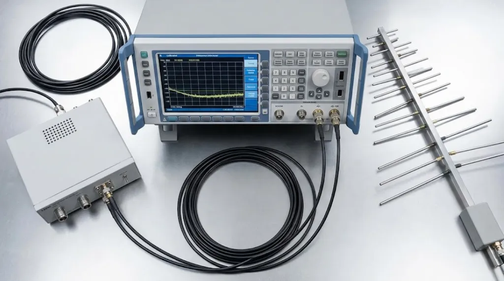 Electromagnetic compatibility testing EMI receiver displaying frequency sweep graph on test bench with LISN and log-periodic antenna