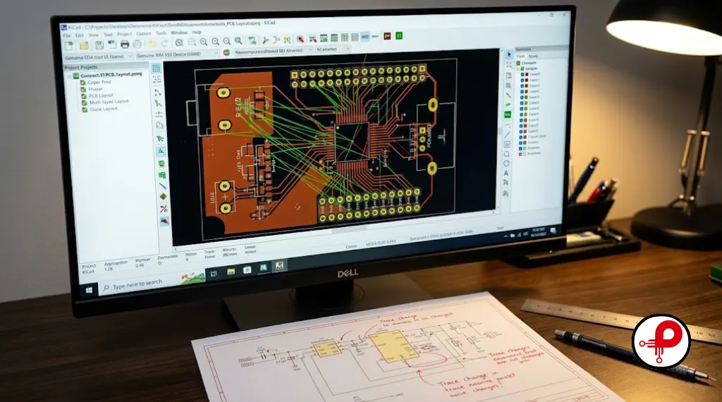 PCB design process — multilayer circuit board layout on computer screen with schematic printout