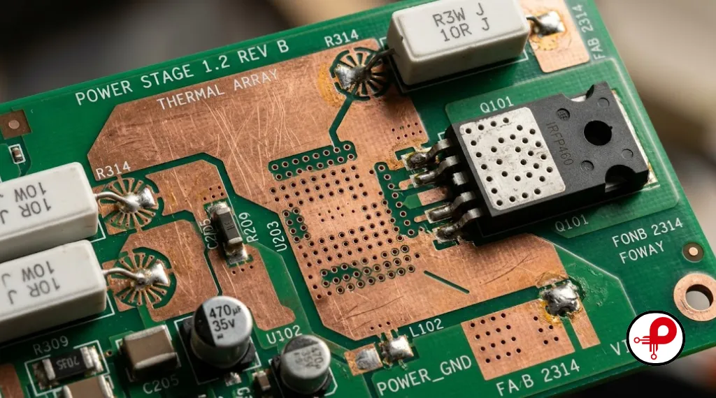 Macro PCB close-up showing copper pour flood fills and thermal via arrays around a high-power component for effective heat dissipation in modern PCB design