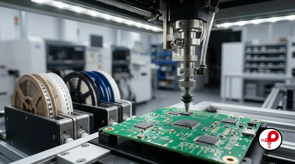 SMT pick-and-place machine vacuum nozzle holding a tiny IC chip above a green PCB covered in placed resistors and capacitors
