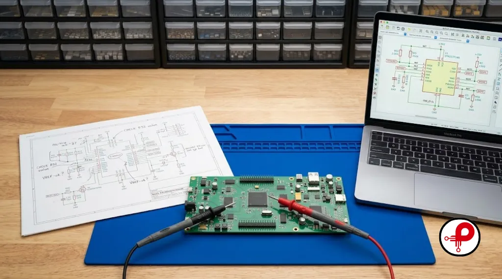 Electronics lab workbench with circuit board, printed schematic, multimeter probes, and KiCad software open on a laptop showing the reverse engineering workflow
