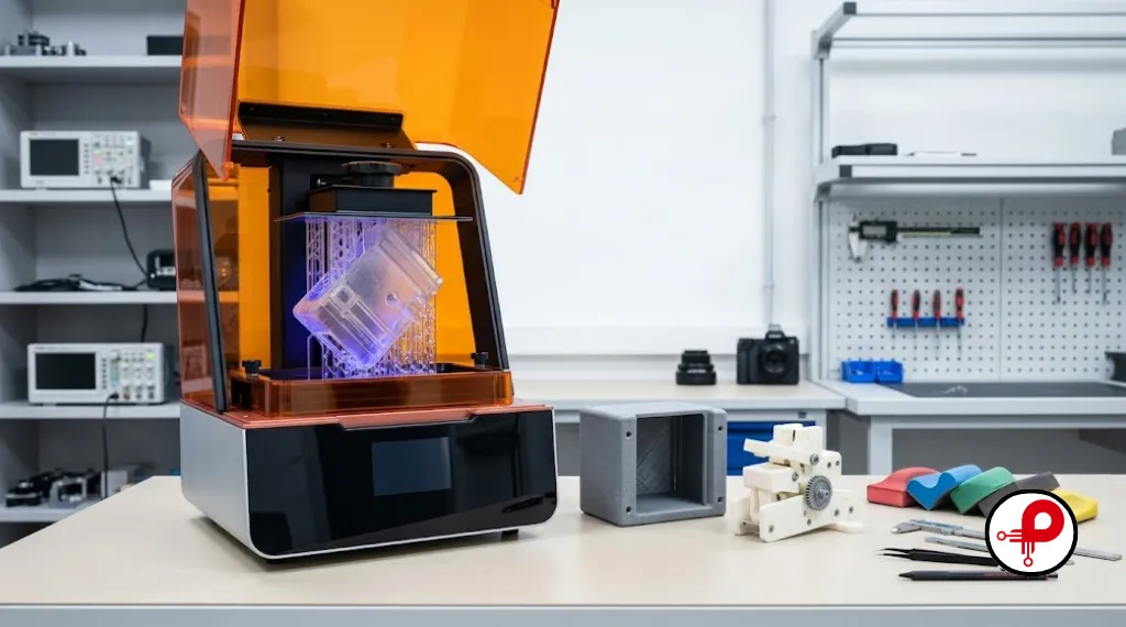SLA resin 3D printer mid-print with orange resin vat and UV light, alongside a finished grey SLS nylon enclosure prototype and FDM-printed mechanism part on a clean makerspace bench — illustrating rapid prototyping for hardware startups