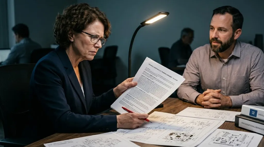 Founder reviewing a contract with a skeptical expression before hiring an electronic product development company