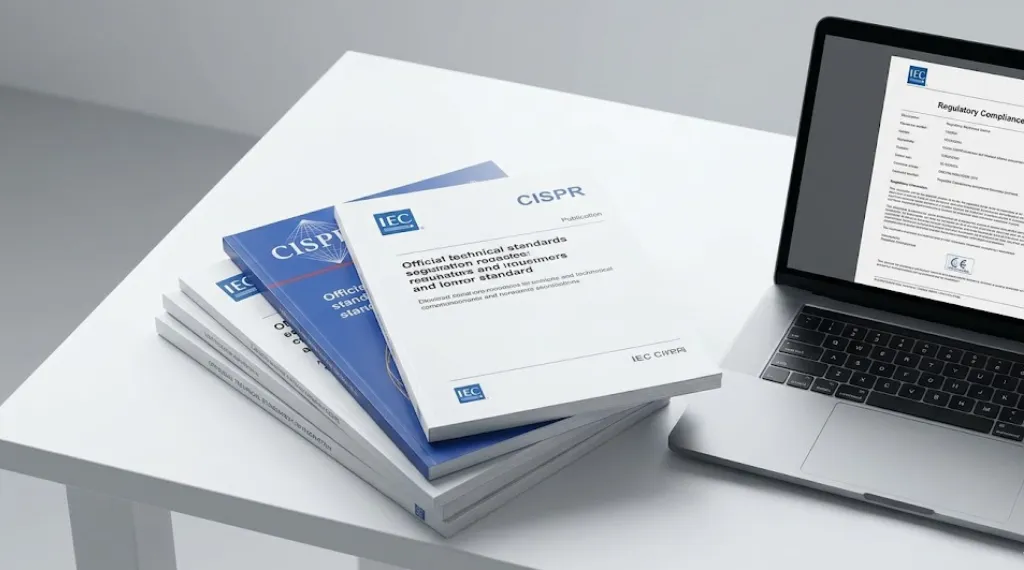 Electromagnetic compatibility testing IEC and CISPR standards documents arranged on white desk beside laptop showing compliance report
