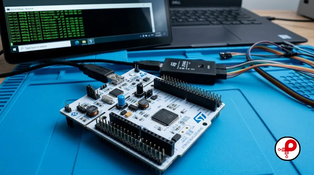 embedded hardware development — microcontroller board connected to laptop with serial debug output