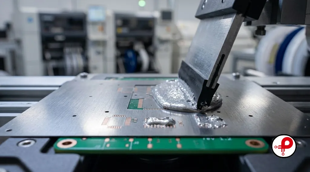 Macro view of silver solder paste being pressed through a metal stencil aperture onto bare PCB copper pads by a squeegee blade
