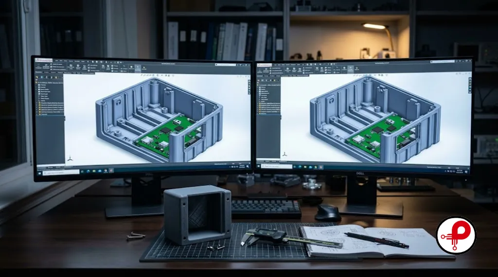 Two ultra-wide monitors displaying a detailed SolidWorks mechanical CAD assembly in cross-section view, with a 3D-printed grey prototype part and digital calipers on the desk — representing professional CAD product design services