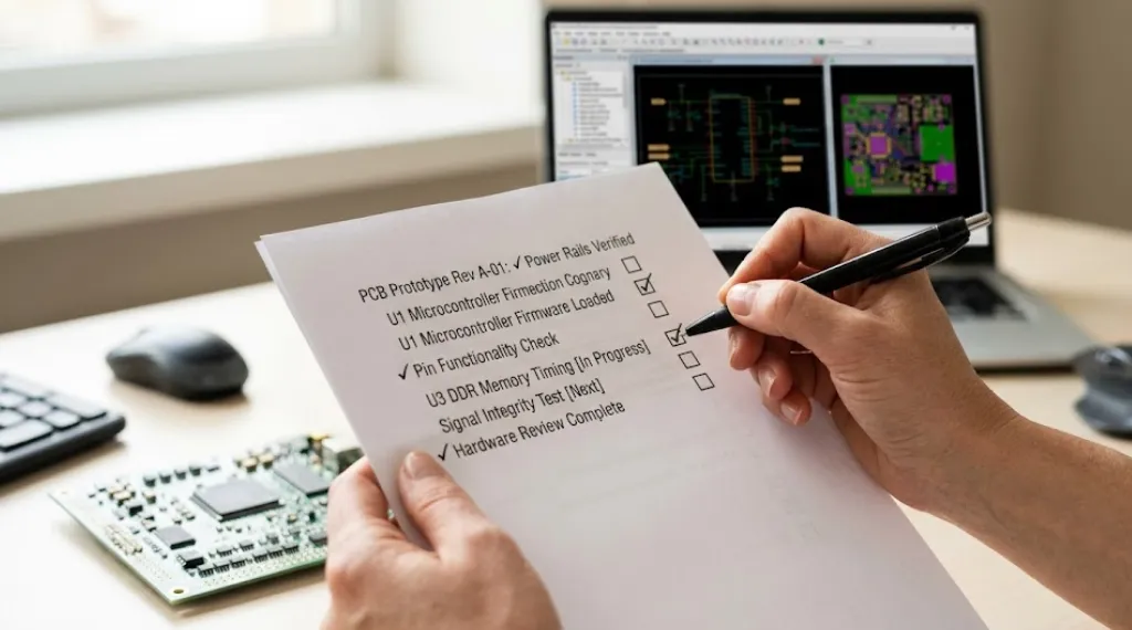 Engineer holding a checklist to evaluate an electronic product development company with PCB on desk
