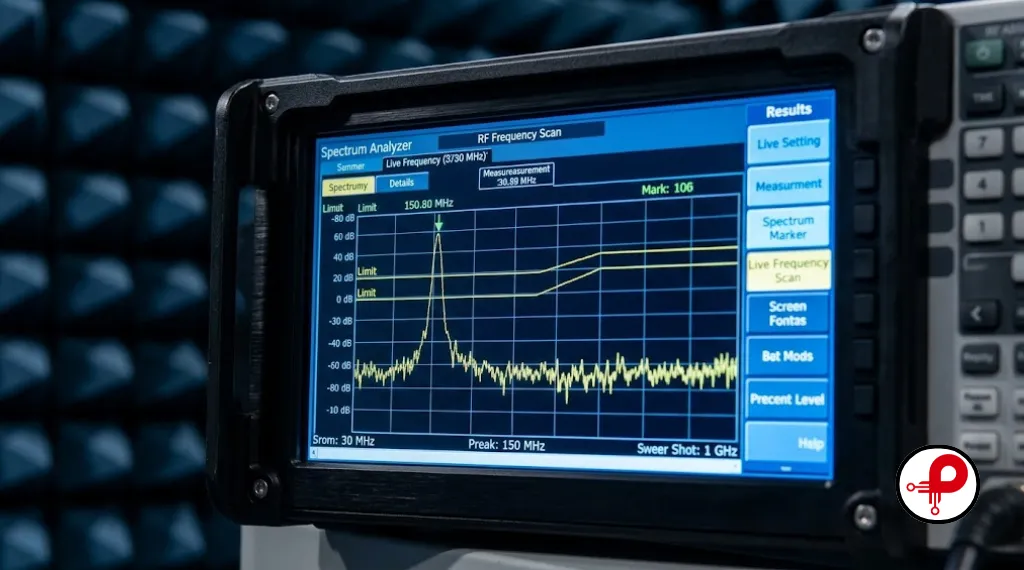 EMI compliance testing — spectrum analyzer screen showing frequency scan in RF test chamber
