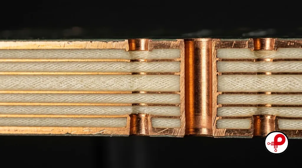 Cross-section cutaway of multilayer PCB stackup revealing alternating copper signal layers and ground planes — a critical element of modern PCB design trends