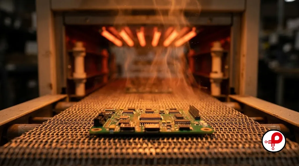 Populated circuit board traveling through a reflow oven conveyor with glowing infrared heating elements and visible heat shimmer

