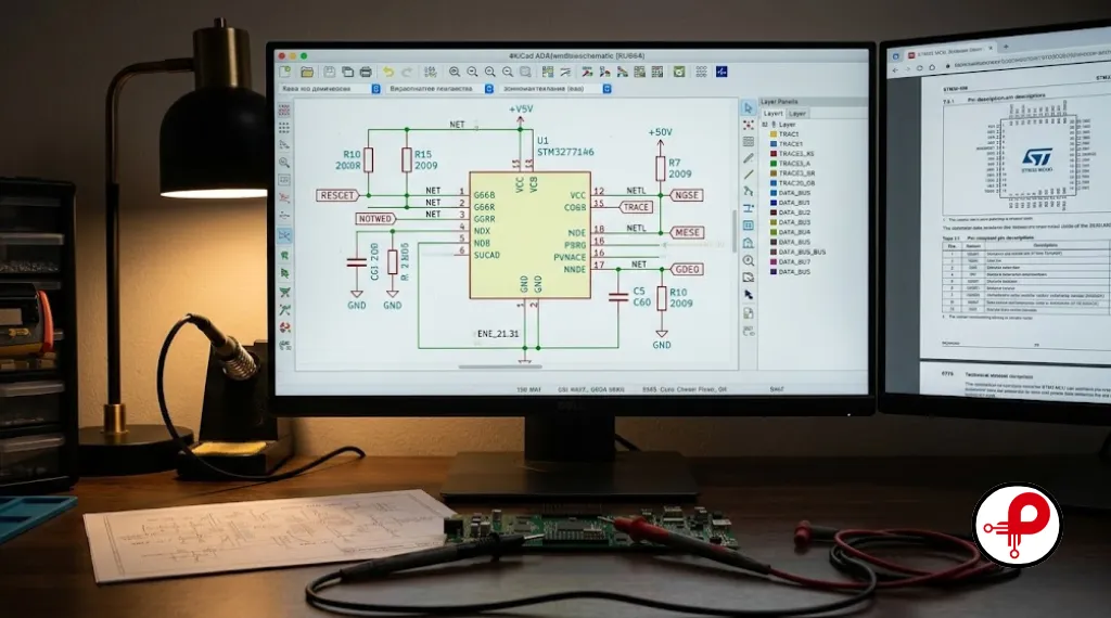 KiCad schematic software displayed on a computer monitor showing a complex electronic circuit diagram for PCB reconstruction