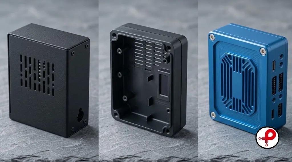 Three industrial enclosure types arranged on a grey stone surface: a powder-coated sheet metal enclosure with ventilation slots, a two-part injection-molded matte black plastic housing, and a CNC-machined anodized blue aluminum box — showing manufacturing options in industrial product design