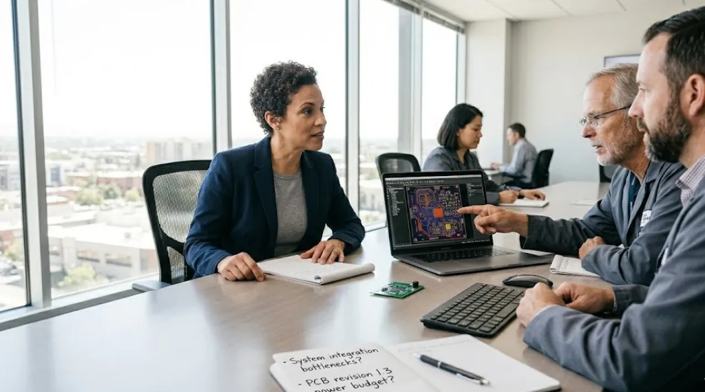 Startup founder asking questions during a discovery call with an electronic product development company team