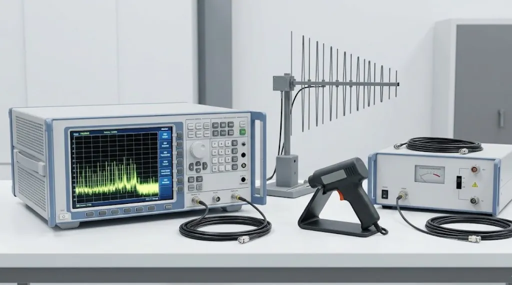 EMC testing lab professional equipment including EMI receiver log-periodic antenna surge generator and ESD simulator on white surface