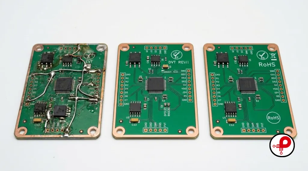 hardware prototype stages — three PCB revision boards side by side on workbench