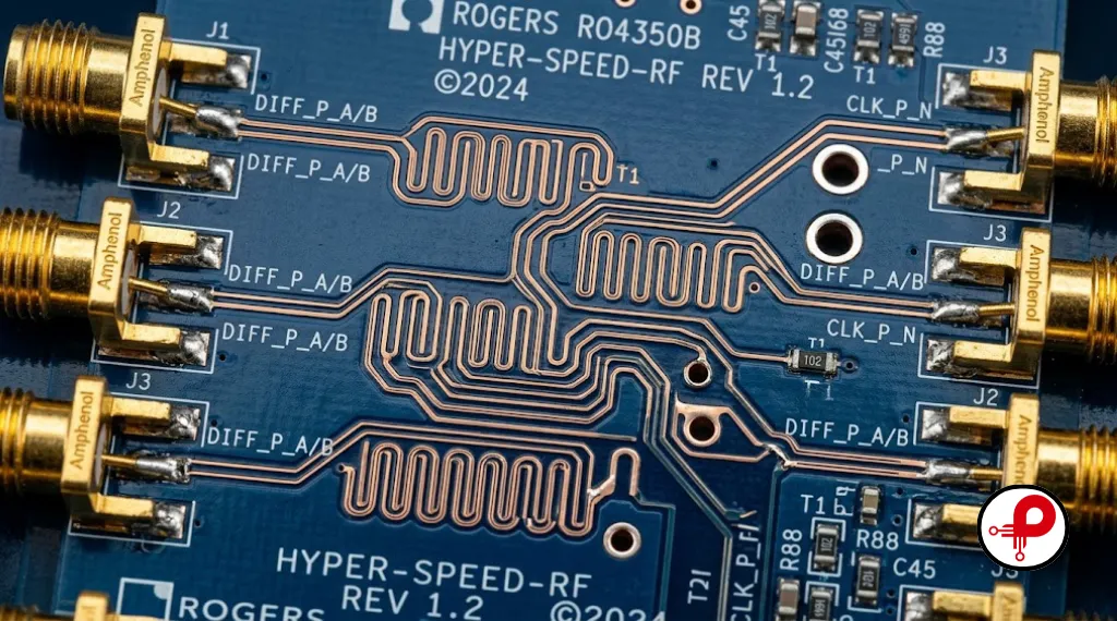 Macro close-up of high-speed PCB differential pair traces with controlled impedance routing showing signal integrity challenges in advanced PCB design