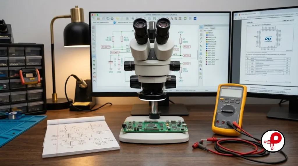 Stereo microscope positioned over a circuit board on a lab bench with notepad of component identifications showing the challenge of identifying unknown parts