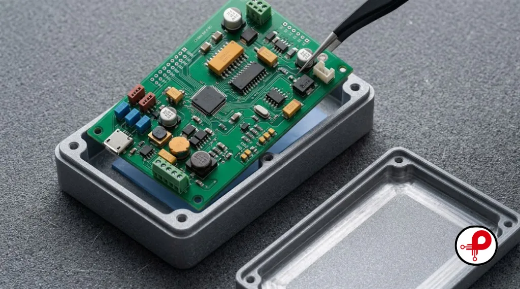 Custom green PCB with SMD components — connectors, capacitors, and IC chips — being positioned inside a machined aluminum enclosure, with internal standoffs and thermal pad visible, showing PCB and mechanical integration in industrial product design engineering