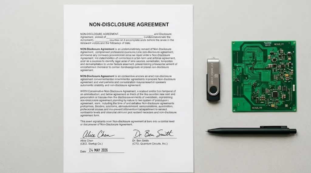Signed NDA document beside PCB prototype and design files for electronic product development IP protection