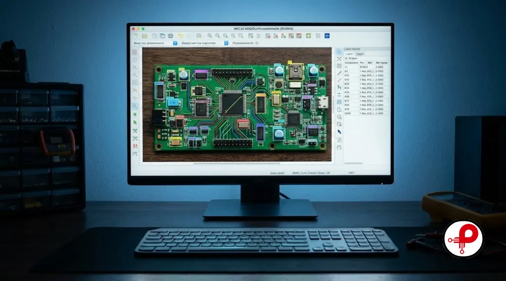 Computer monitor displaying AI software automatically tracing and detecting components for reverse-engineering-electronic-circuits with colored PCB overlay annotations.