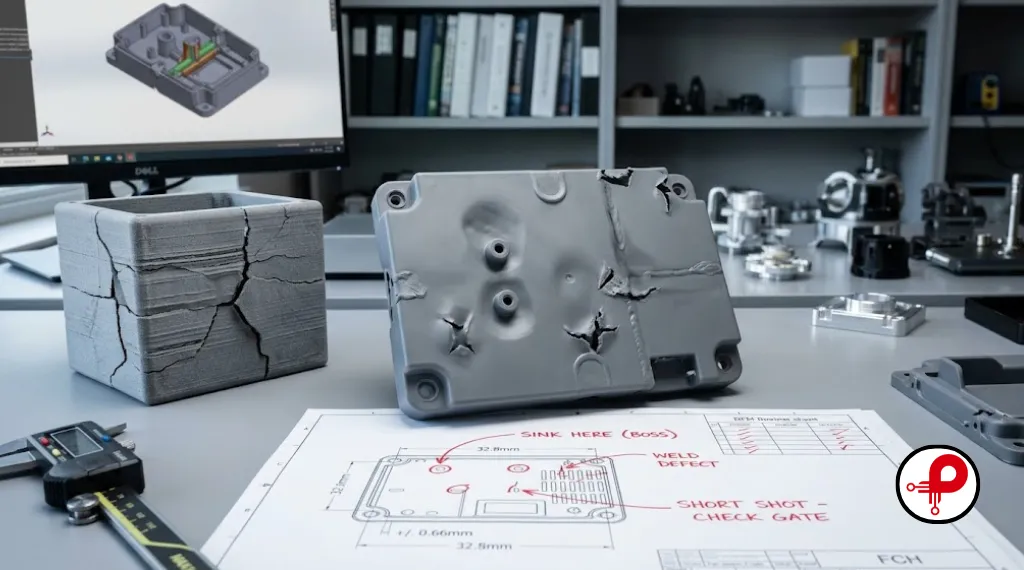 A failed injection-molded plastic panel showing sink marks and weld lines, a cracked 3D-printed prototype with stress fractures, and a red-pen annotated DFM review sheet with corrections — illustrating common mistakes in the product design engineering process