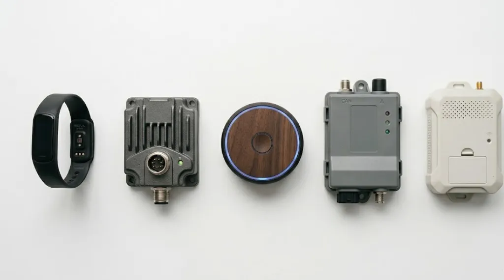 Five finished electronic devices representing industries served by electronic product development companies