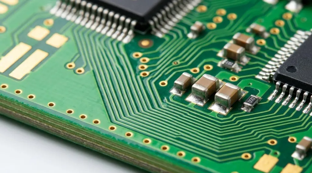 Electromagnetic compatibility testing multilayer PCB showing copper trace routing ground plane decoupling capacitors and IC chips close up
