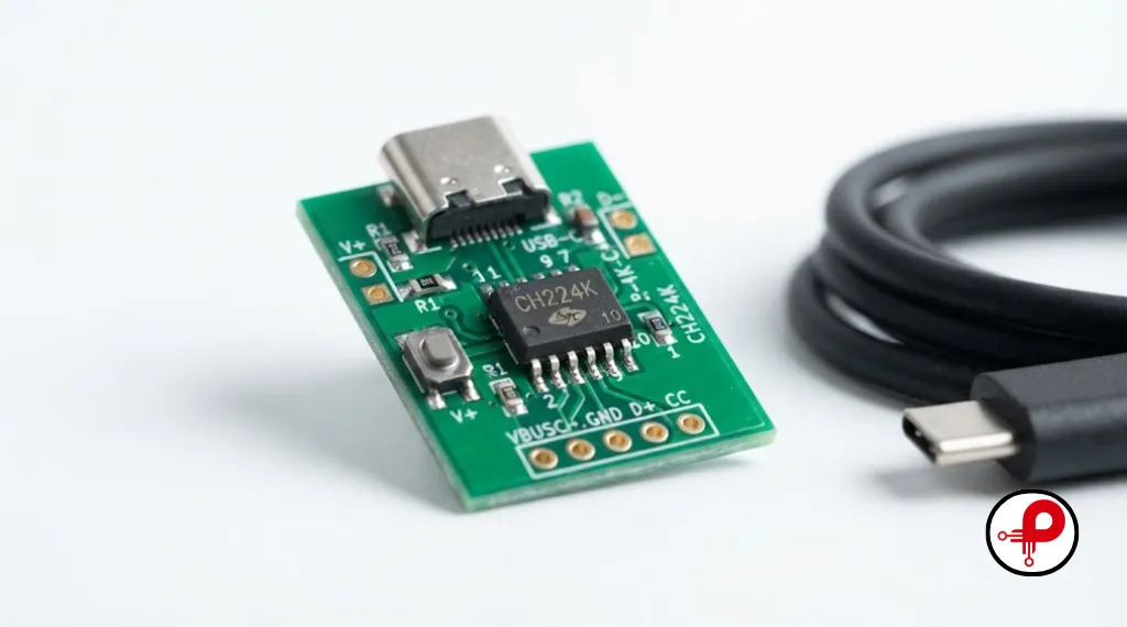 CH224K USB PD trigger module chip resting on white background beside USB-C cable showing compact power delivery controller.
