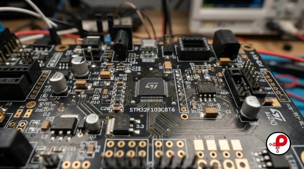 analog and digital circuit design components on a printed circuit board close up