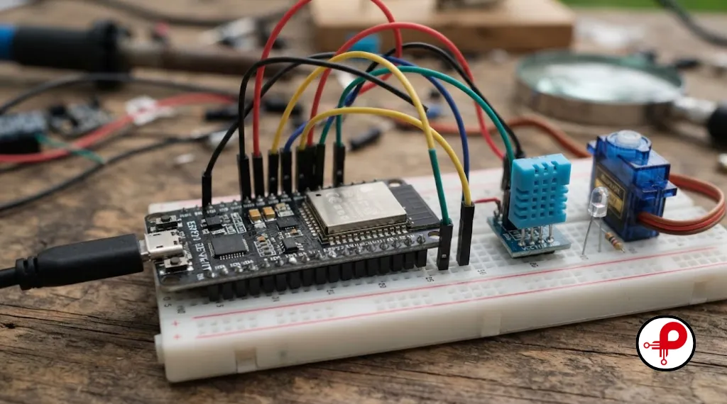 how to build an IoT prototype quickly overview of ESP32 board wired to sensors on breadboard