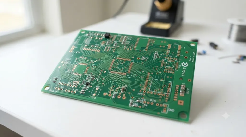  Bare multilayer PCB showing copper traces and pads used to define circuit board design rules