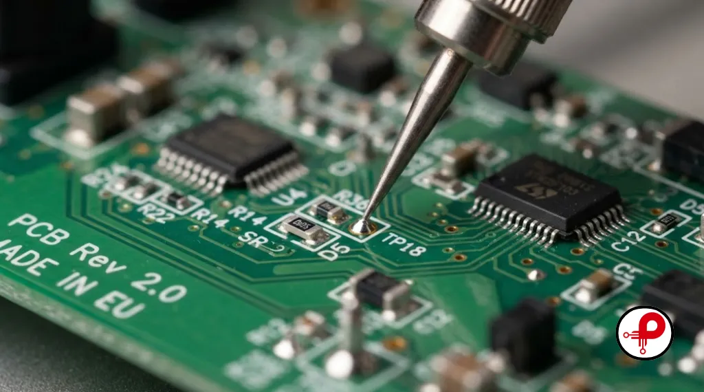 pcb testing and inspection close up photo of solder joints and test probe