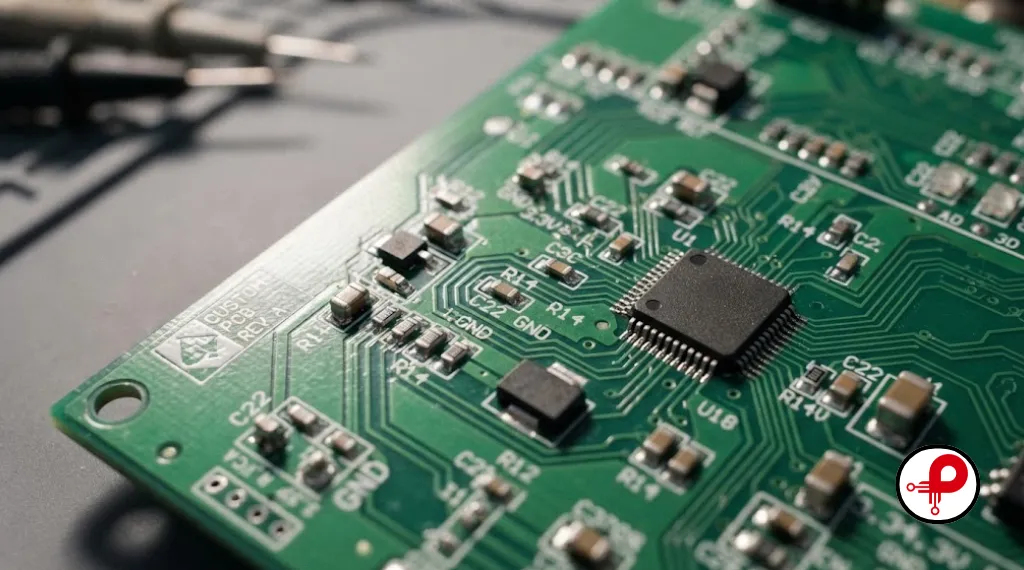 macro photo of green custom PCB with surface mount components