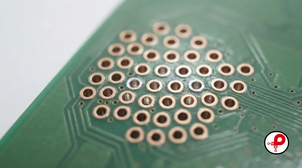 PCB via placement and backdrilling shown on drilled plated through hole vias
