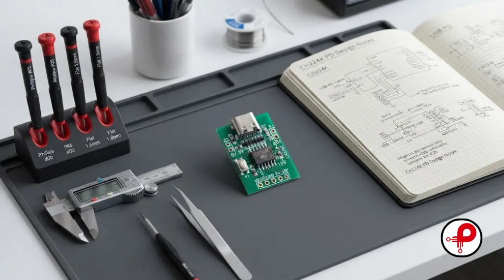 Organized engineering workbench showing a CH224K USB PD trigger module best practice layout with clean wiring and tools.