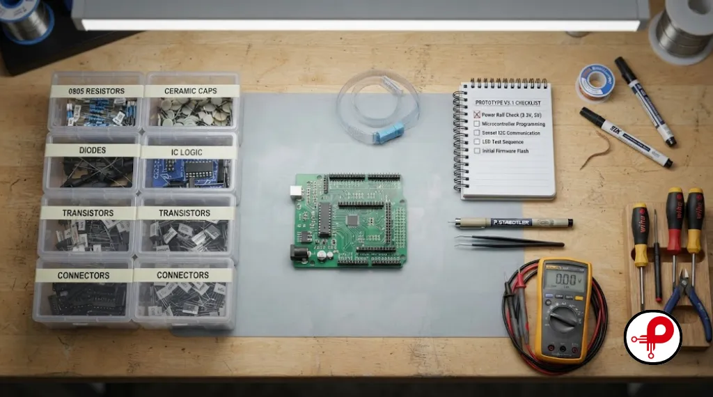 Organized electronics prototyping station with labeled component bins and PCB