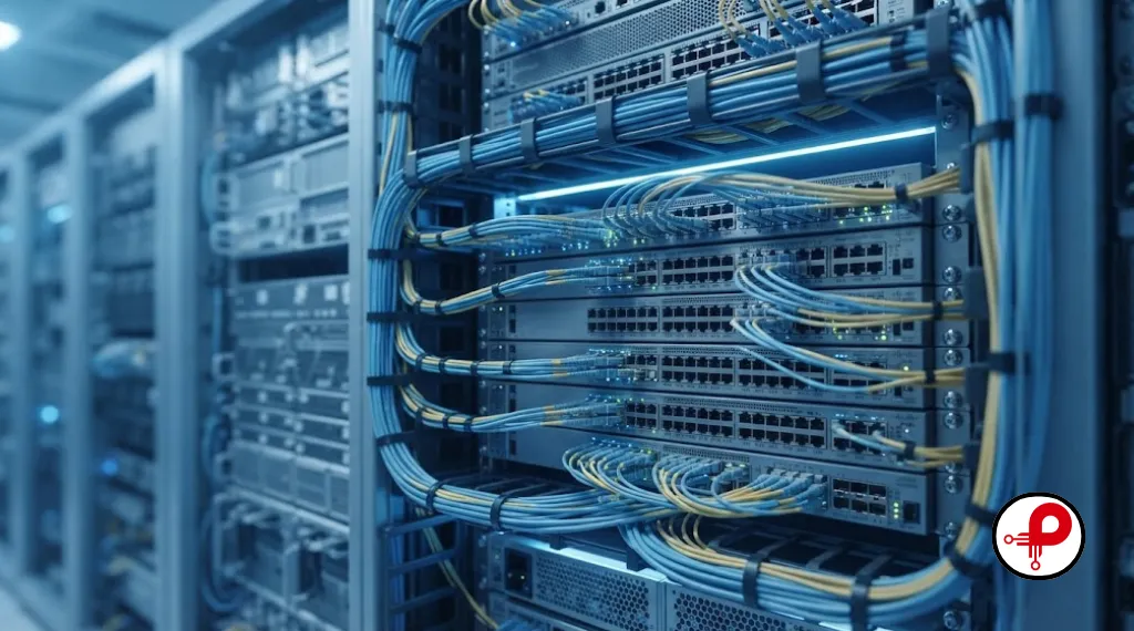 close up of server room cables representing cloud IoT data infrastructure