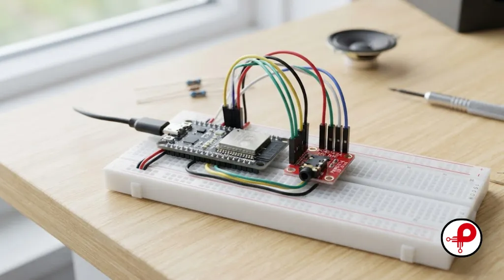 ESP32 development board connected to compact audio module