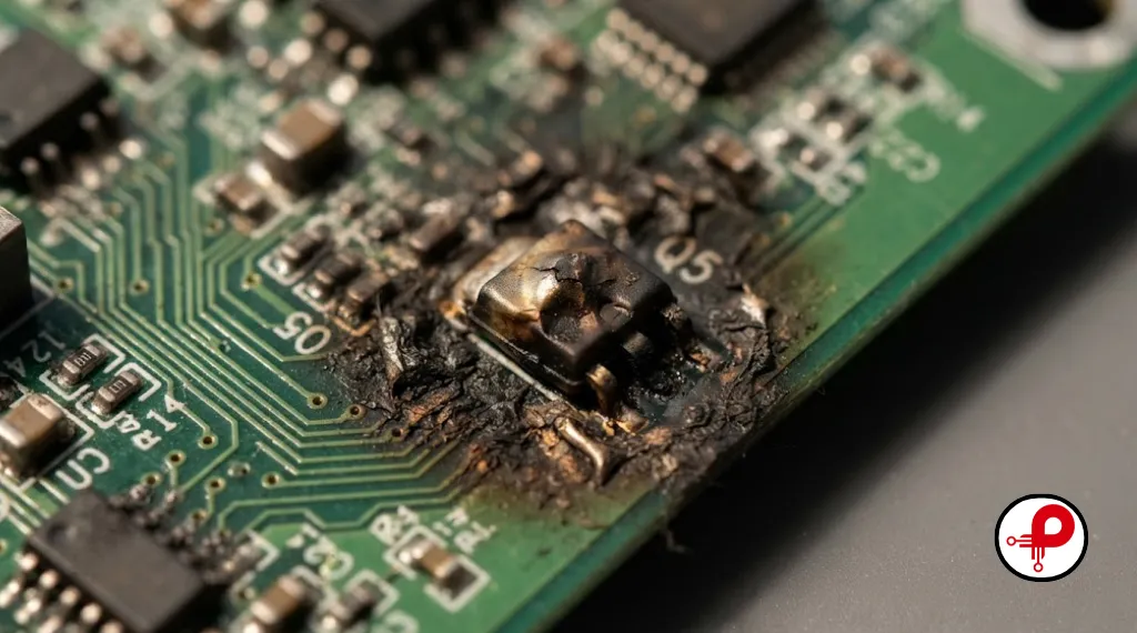 close up of overheated circuit board component showing prototype design flaw