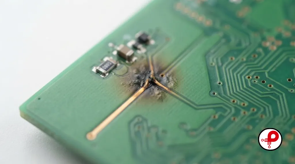 Common PCB design mistakes shown on a burnt trace and scorched solder mask