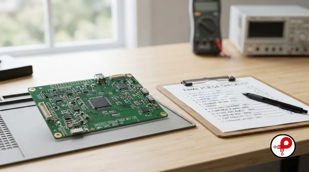 Checklist clipboard beside a finished PCB representing the pre-manufacturing checklist