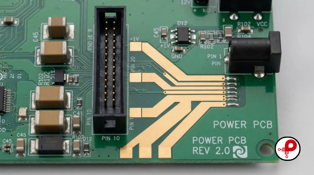 Wide copper power traces on a PCB illustrating high voltage and high frequency design rules