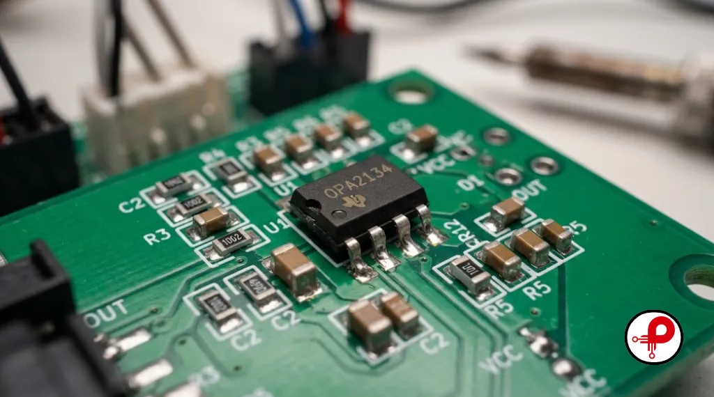 analog circuit design close up of operational amplifier and resistor components