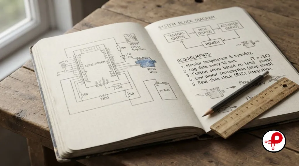 engineer notebook sketch of IoT prototype circuit plan before hardware build